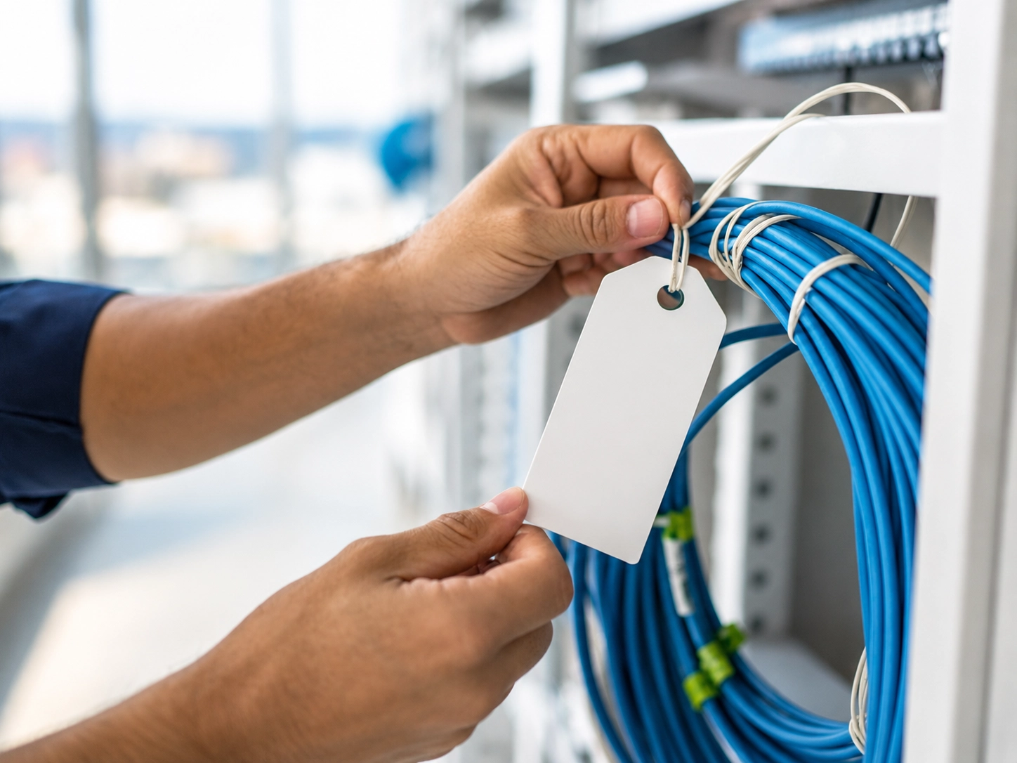 Técnico organizando cableado estructurado azul en un armario de red