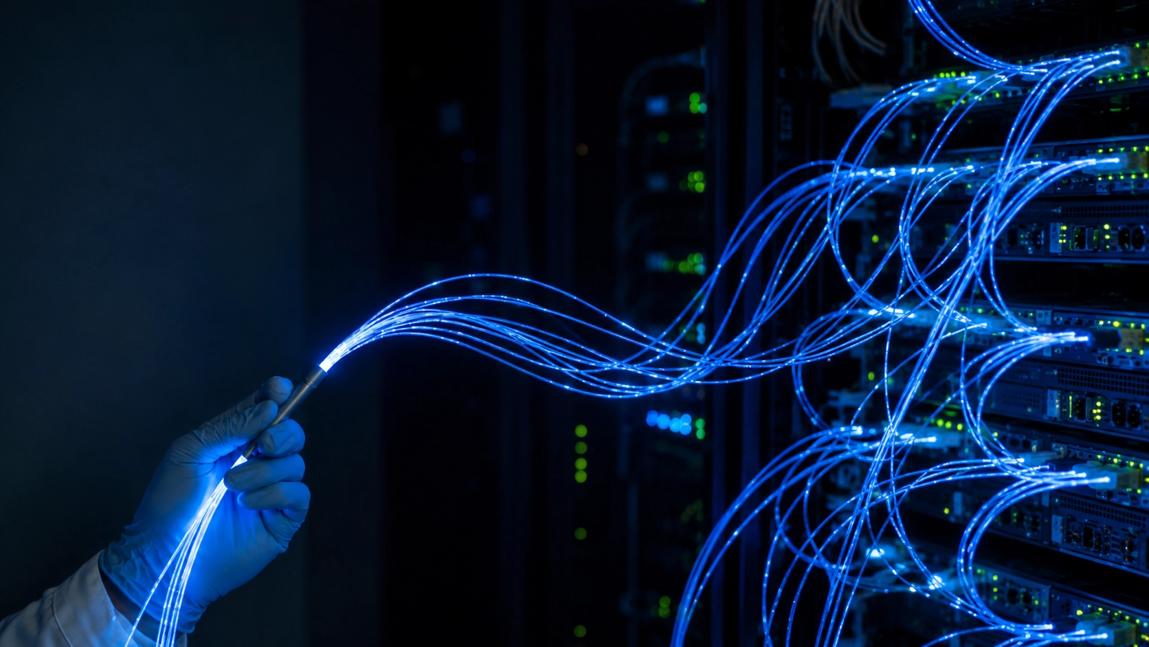 Técnico conectando cables de fibra óptica iluminados en un rack de comunicaciones