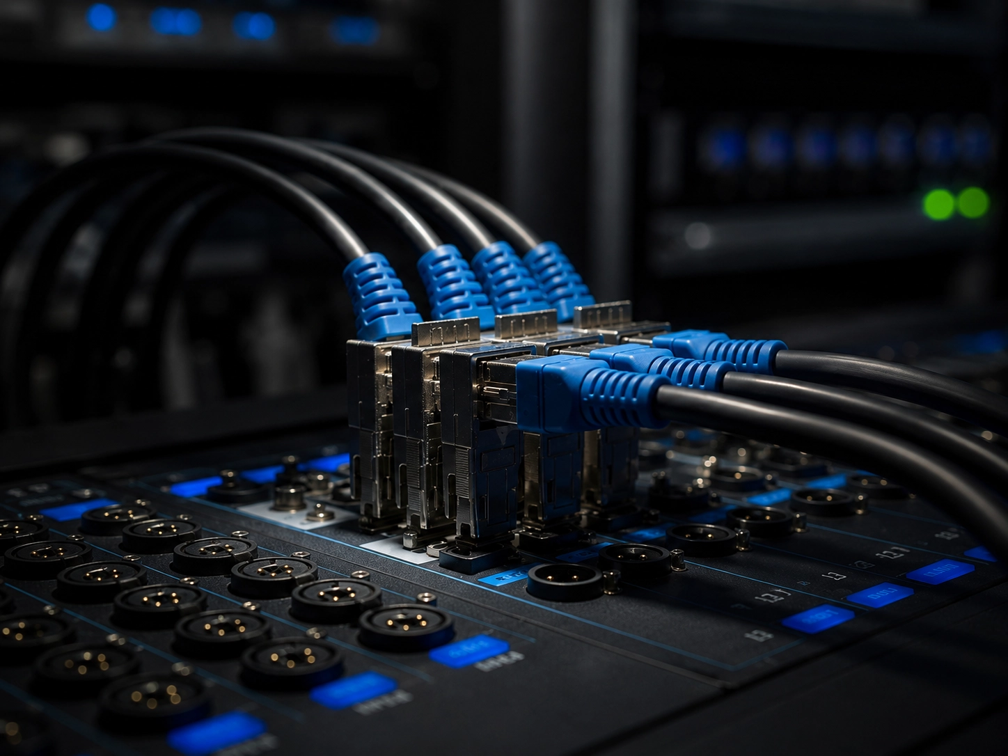 Panel de conexiones de red con cables Ethernet azules conectados a una infraestructura informática